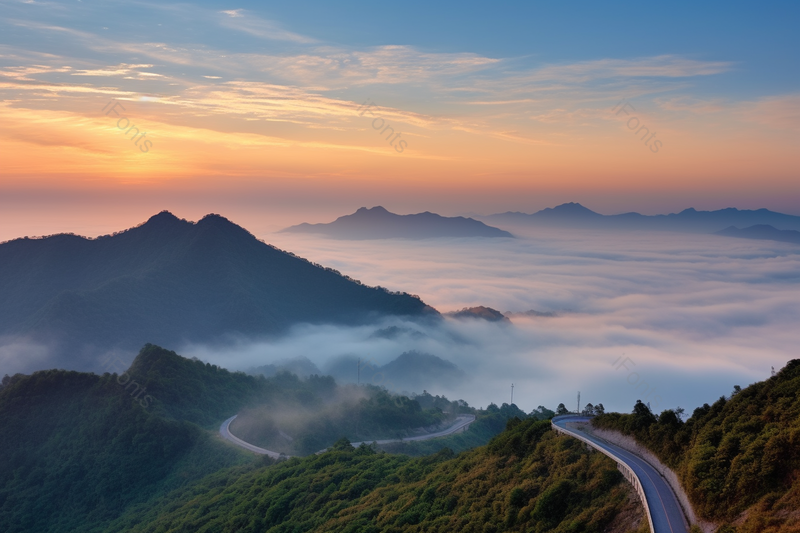 湖北咸宁九宫山山顶道路云海天空霞光,高清,摄影图,摄影图片,图片大全,摄影图免费下载
